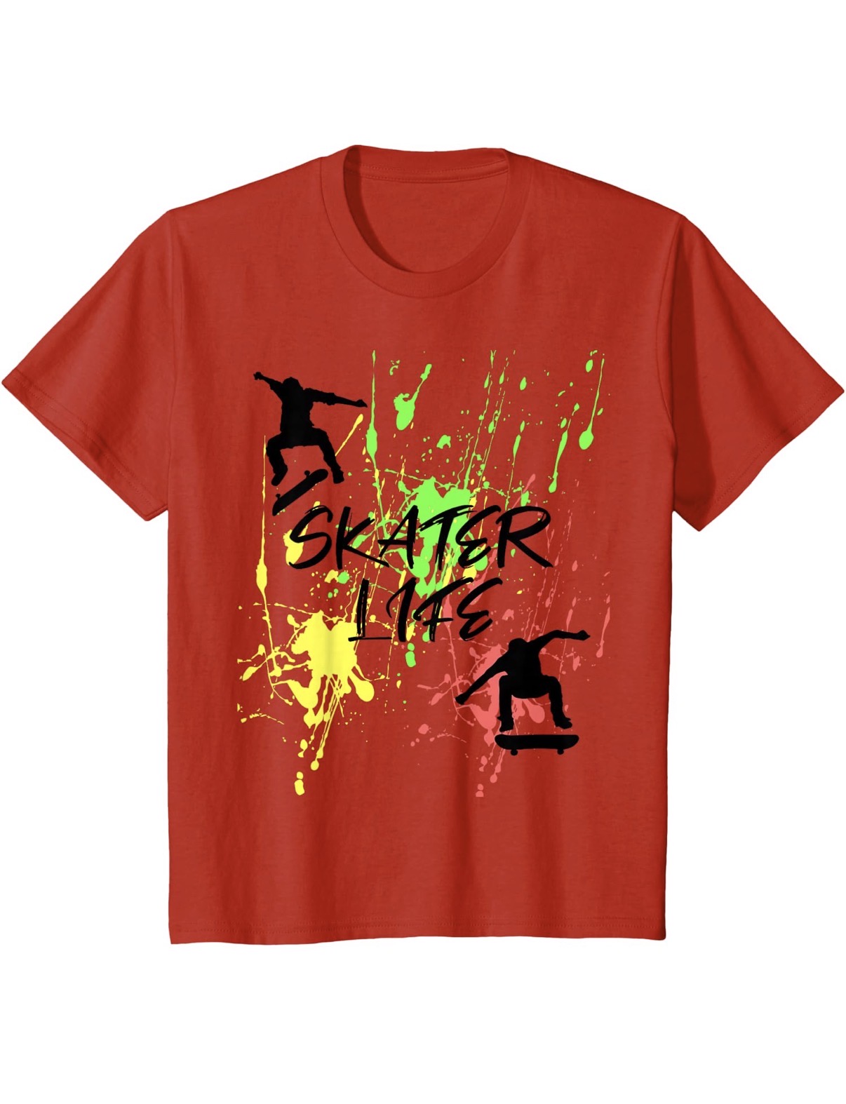 Red Skater Life T-shirt with skateboarders and colorful paint splashes